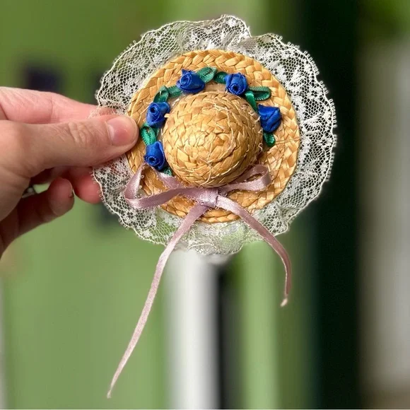 VTG Handmade Wicker Sun Hats Lace & Floral Magnet Cottagecore Farmhouse Set of 2 - Picture 7 of 10